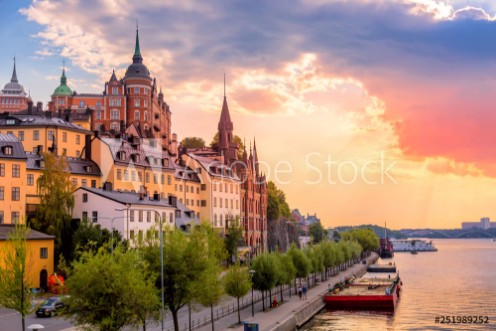 Picture of Stockholm Sweden Scenic summer sunset view with colorful sky of the Old Town architecture in Sodermalm district